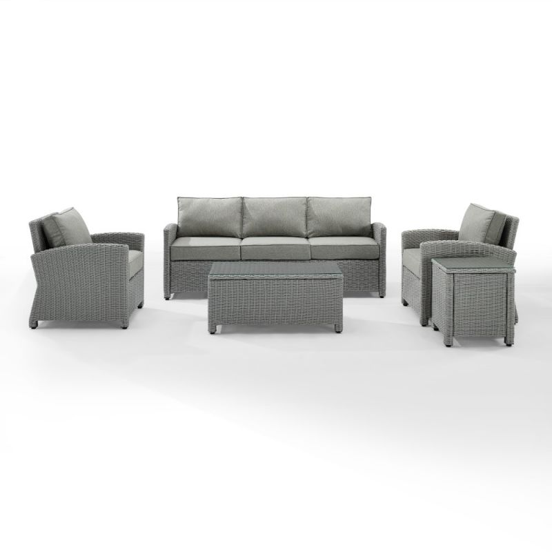 Crosley Furniture - Bradenton 5 Piece Outdoor Wicker Conversation Set Gray/Gray - Sofa, 2 Arm Chairs, Side Table, Glass Top Table - KO70051GY-GY