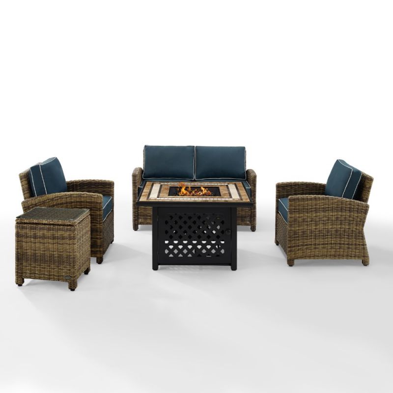 Crosley Furniture - Bradenton 5 Piece Outdoor Wicker Conversation Set With Fire Table Weathered Brown/Navy - Loveseat, 2 Arm Chairs, Side Table, Fire Table - KO70162-NV