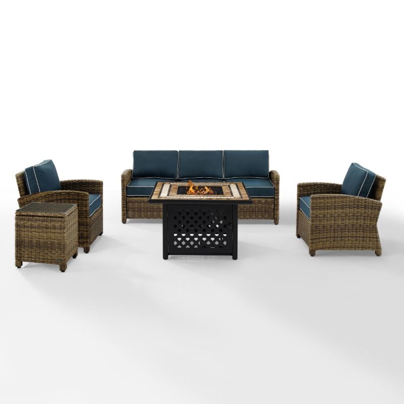 Crosley Furniture - Bradenton 5 Piece Outdoor Wicker Conversation Set With Fire Table Weathered Brown/Navy - Sofa, 2 Arm Chairs, Side Table, Fire Table - KO70163-NV