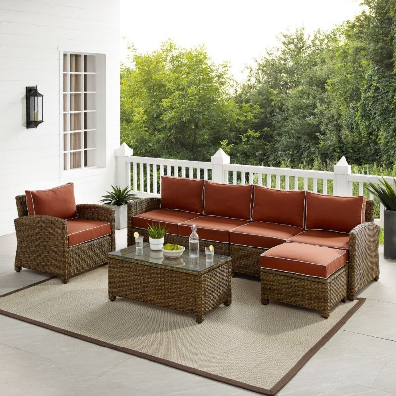 Crosley Furniture - Bradenton 5Pc Outdoor Wicker Sectional Set Sangria -Weathered Brown - Left Loveseat, Right Loveseat, Armchair, Coffee Table, and Ottoman - KO70188WB-SG