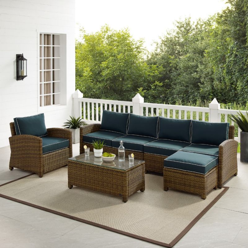 Crosley Furniture - Bradenton 5Pc Outdoor Wicker Sectional Set Navy -Weathered Brown - Left Loveseat, Right Loveseat, Armchair, Coffee Table, and Ottoman - KO70188WB-NV