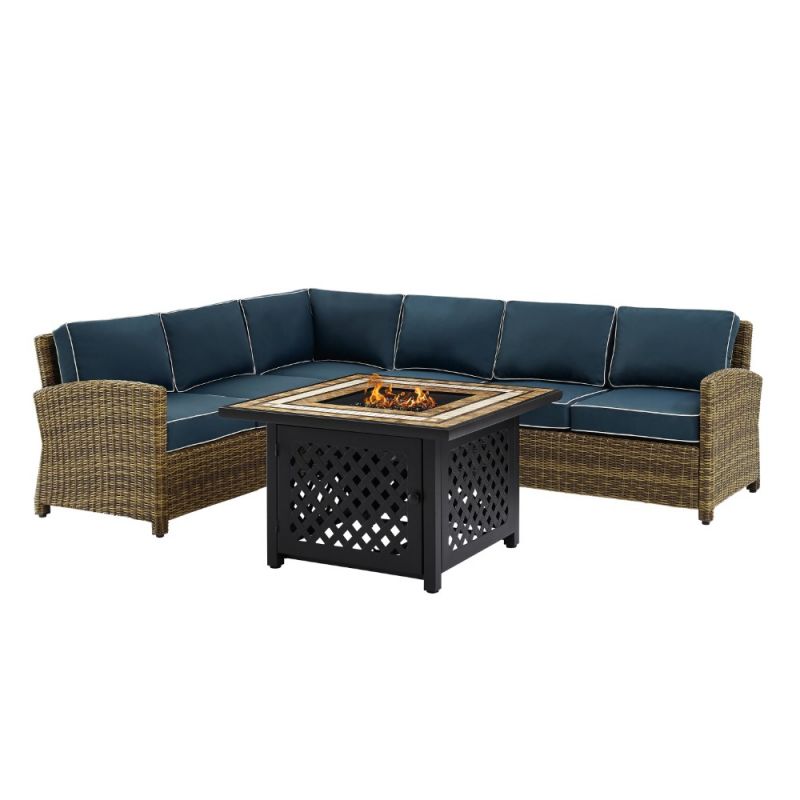 Crosley Furniture - Bradenton 5 Piece Outdoor Wicker Sectional Set With Fire Table Weathered Brown/Navy - Right Corner Loveseat, Left Corner Loveseat, Corner Chair, Center Chair, Fire Table - KO70158-NV