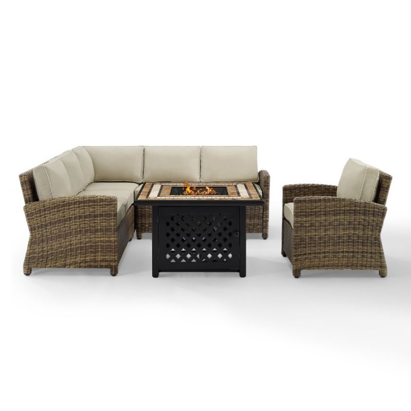 Crosley Furniture - Bradenton 5 Piece Outdoor Wicker Sectional Set With Fire Table Weathered Brown/Sand - Right Corner Loveseat, Left Corner Loveseat, Corner Chair, Arm Chair, Fire Table - KO70159-SA