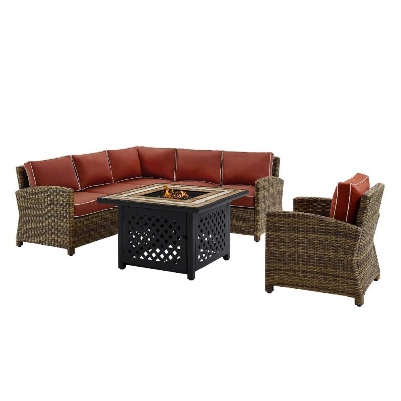 Crosley Furniture - Bradenton 5 Piece Outdoor Wicker Sectional Set With Fire Table Weathered Brown/Sangria - Right Corner Loveseat, Left Corner Loveseat, Corner Chair, Arm Chair, Fire Table - KO70159-SG