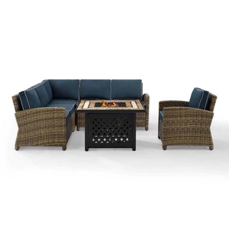 Crosley Furniture - Bradenton 5 Piece Outdoor Wicker Sectional Set With Fire Table Weathered Brown/Navy - Right Corner Loveseat, Left Corner Loveseat, Corner Chair, Arm Chair, Fire Table - KO70159-NV