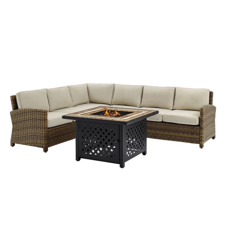 Crosley Furniture - Bradenton 5 Piece Outdoor Wicker Sectional Set With Fire Table Weathered Brown/Sand - Right Corner Loveseat, Left Corner Loveseat, Corner Chair, Center Chair, Fire Table - KO70158-SA