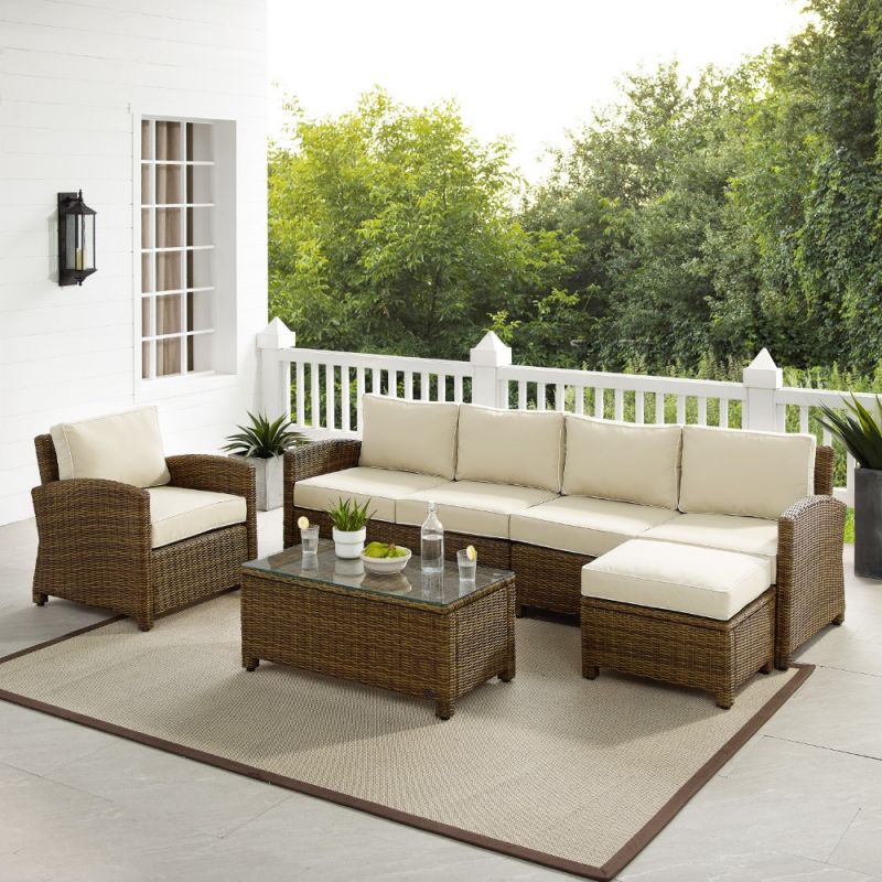 Crosley Furniture - Bradenton 5Pc Outdoor Wicker Sectional Set Sand -Weathered Brown - Left Loveseat, Right Loveseat, Armchair, Coffee Table, and Ottoman - KO70188WB-SA