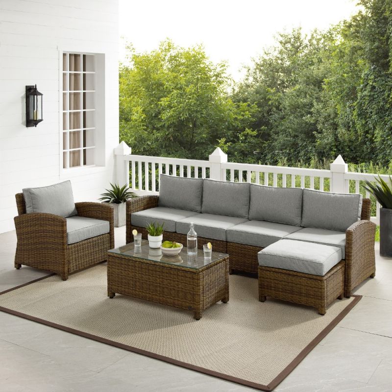 Crosley Furniture - Bradenton 5Pc Outdoor Wicker Sectional Set Gray -Weathered Brown - Left Loveseat, Right Loveseat, Armchair, Coffee Table, and Ottoman - KO70188WB-GY