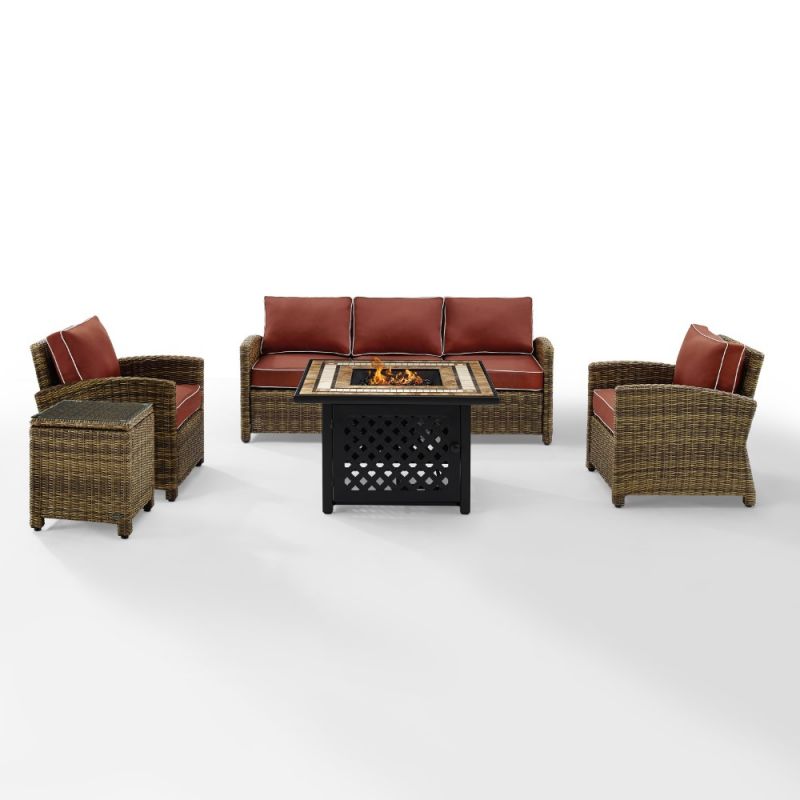Crosley Furniture - Bradenton 5 Piece Outdoor Wicker Conversation Set With Fire Table Weathered Brown/Sangria - Sofa, 2 Arm Chairs, Side Table, Fire Table - KO70163-SG