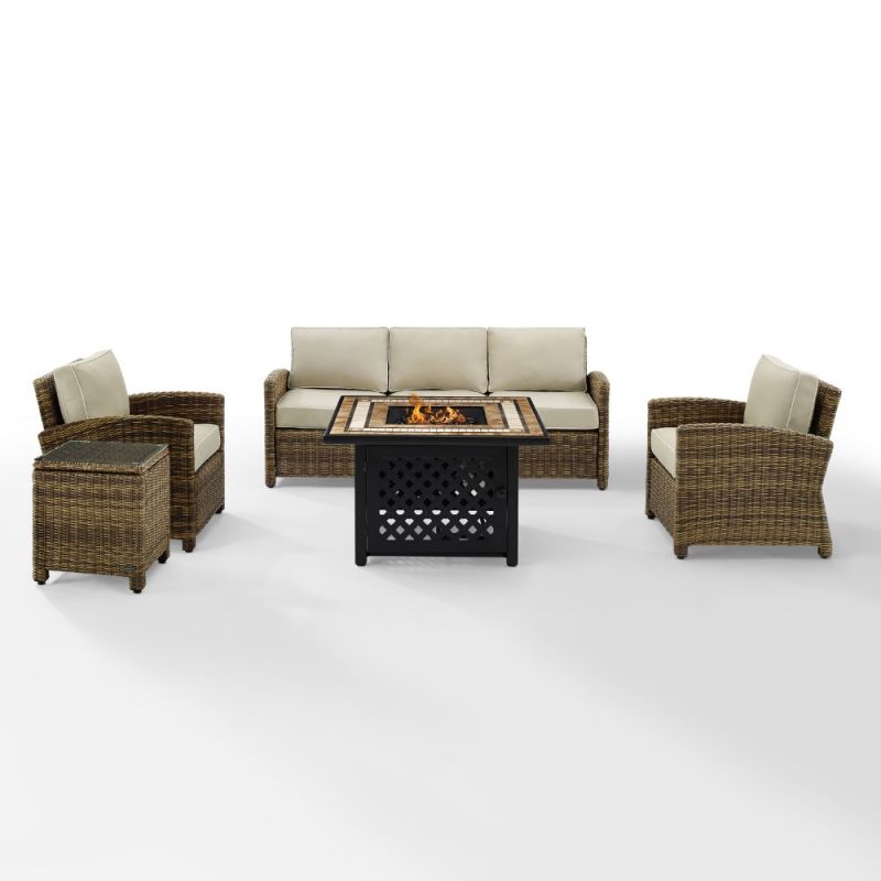Crosley Furniture - Bradenton 5 Piece Outdoor Wicker Conversation Set With Fire Table Weathered Brown/Sand - Sofa, 2 Arm Chairs, Side Table, Fire Table - KO70163-SA