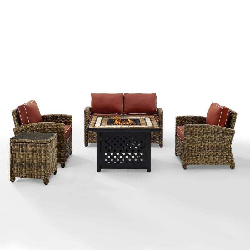 Crosley Furniture - Bradenton 5 Piece Outdoor Wicker Conversation Set With Fire Table Weathered Brown/Sangria - Loveseat, 2 Arm Chairs, Side Table, Fire Table - KO70162-SG