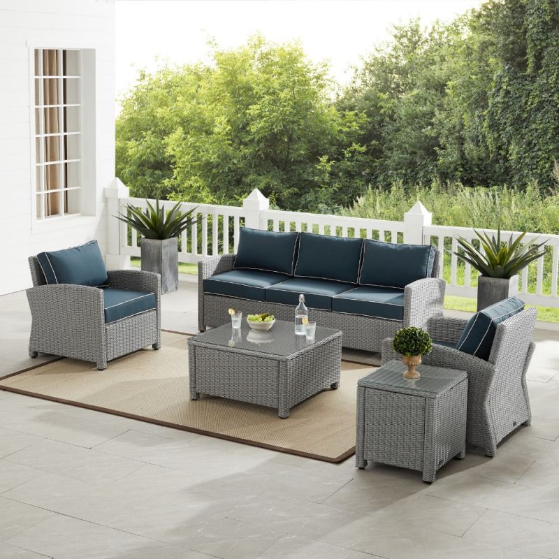 Crosley Furniture - Bradenton 5Pc Outdoor Wicker Sofa Set Navy-Gray - Sofa, Coffee Table, Side Table and 2 Arm Chairs - KO70051GY-NV