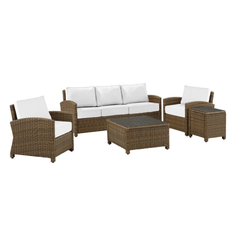 Crosley Furniture - Bradenton 5Pc Outdoor Wicker Sofa Set - Sunbrella White/ Weathered Brown - Sofa, Coffee Table, Side Table & 2 Arm Chairs - KO70051WB-WH