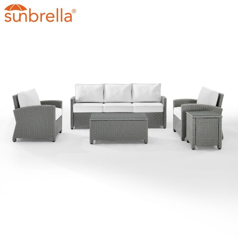 Crosley Furniture - Bradenton 5Pc Outdoor Wicker Sofa Set - Sunbrella White/Gray - Sofa, Coffee Table, Side Table & 2 Arm Chairs - KO70051GY-WH
