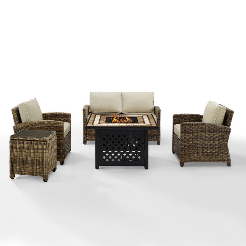 Crosley Furniture - Bradenton 5 Piece Outdoor Wicker Conversation Set With Fire Table Weathered Brown/Sand - Loveseat, 2 Arm Chairs, Side Table, Fire Table - KO70162-SA