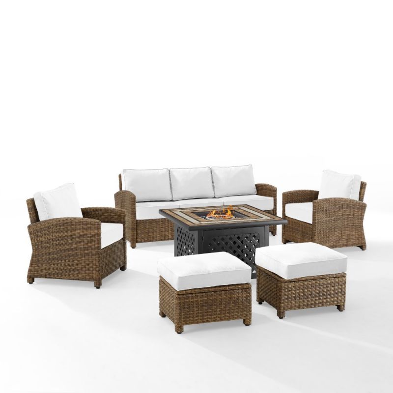 Crosley Furniture - Bradenton 6Pc Outdoor Sofa Set W/Fire Table - Sunbrella White/Weathered Brown - Tucson Fire Table, Sofa, 2 Armchairs & 2 Ottomans - KO70184WB-WH