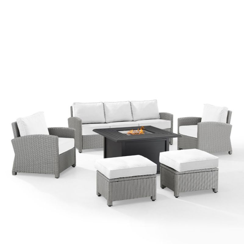 Crosley Furniture - Bradenton 6Pc Outdoor Sofa Set W/Fire Table - Sunbrella White/Gray - Dante Fire Table, Sofa, 2 Armchairs & 2 Ottomans - KO70183GY-WH