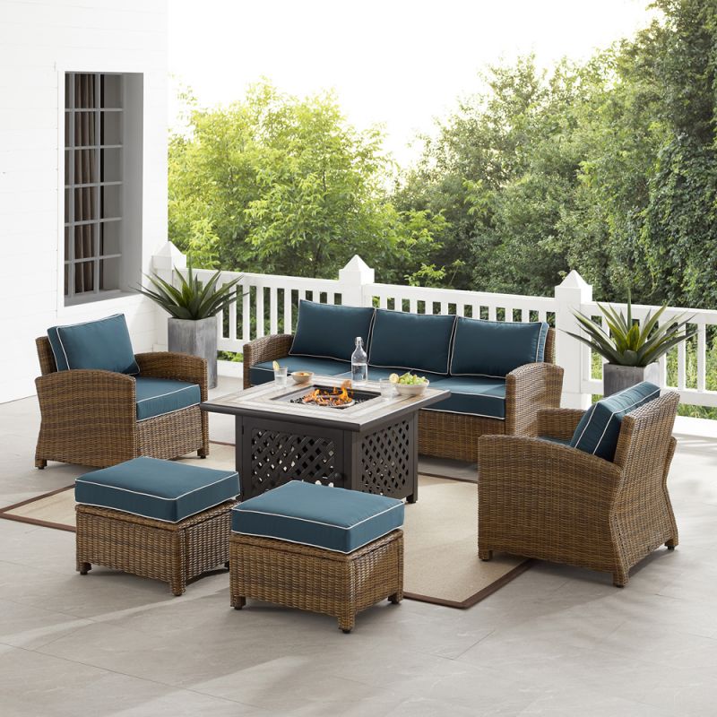 Crosley Furniture - Bradenton 6Pc Outdoor Wicker Sofa Set W/Fire Table Navy/Weathered Brown - Tucson Fire Table, Sofa, 2 Armchairs & 2 Ottomans - KO70184WB-NV