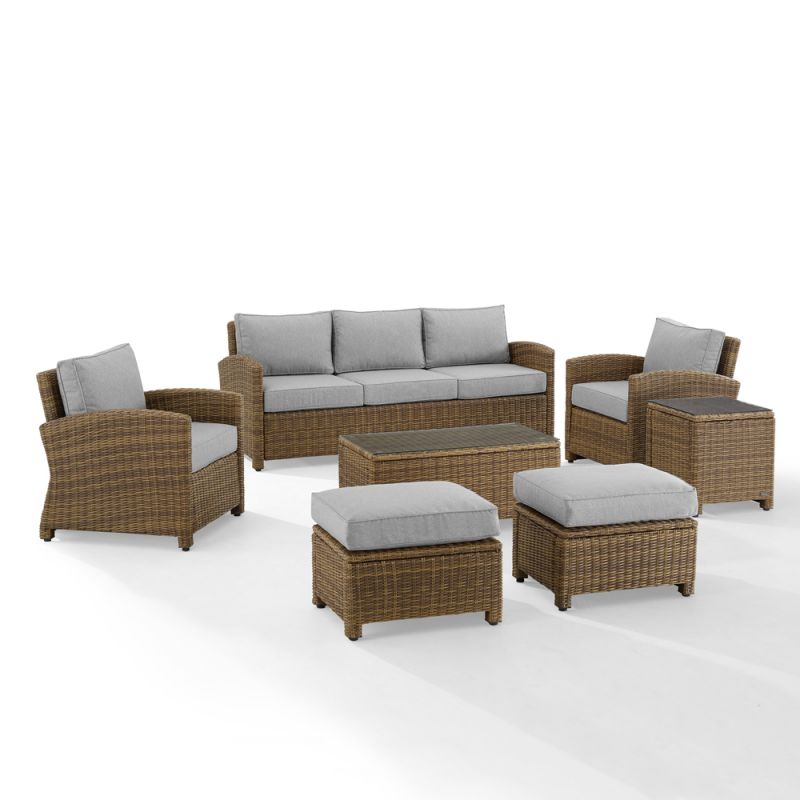 Crosley Furniture - Bradenton 7Pc Outdoor Wicker Sofa Set Gray/Weathered Brown - Sofa, Coffee Table, Side Table, 2 Armchairs & 2 Ottomans - KO70185WB-GY
