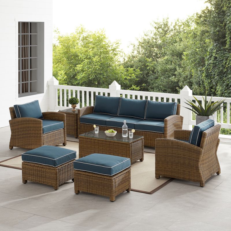 Crosley Furniture - Bradenton 7Pc Outdoor Wicker Sofa Set Navy/Weathered Brown - Sofa, Coffee Table, Side Table, 2 Armchairs & 2 Ottomans - KO70185WB-NV