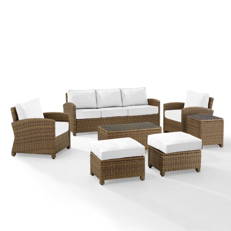 Crosley Furniture - Bradenton 7Pc Outdoor Wicker Sofa Set - Sunbrella White/Weathered Brown - Sofa, Coffee Table, Side Table, 2 Armchairs & 2 Ottomans - KO70185WB-WH