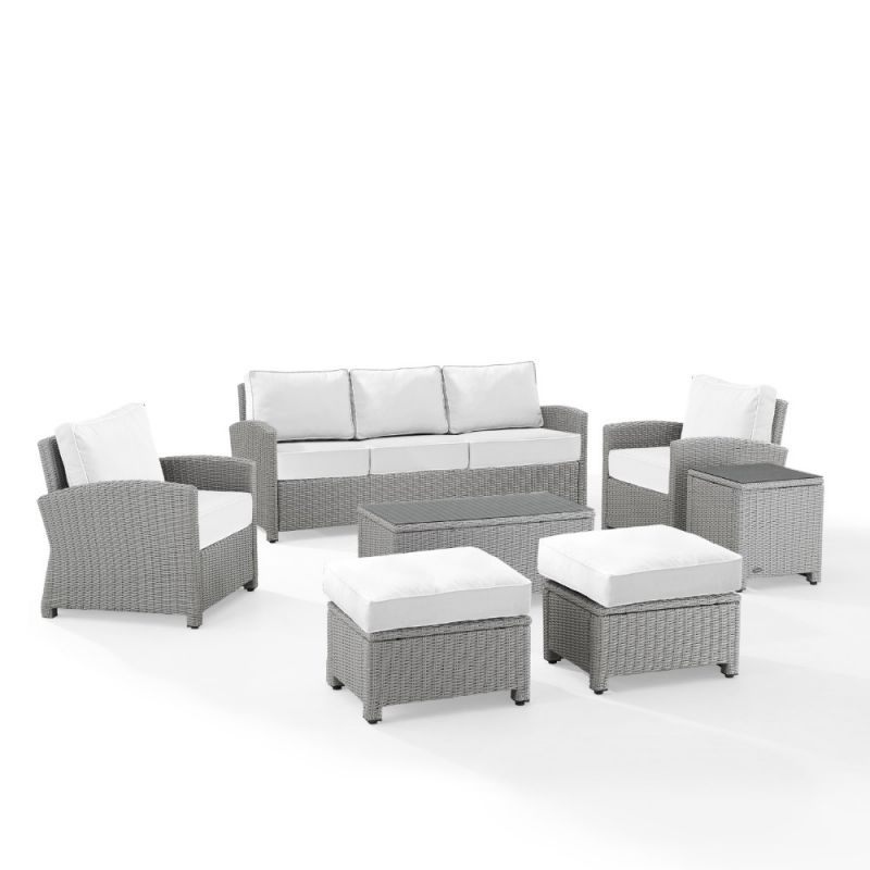 Crosley Furniture - Bradenton 7Pc Outdoor Wicker Sofa Set - Sunbrella White/Gray - Sofa, Coffee Table, Side Table, 2 Armchairs & 2 Ottomans - KO70185GY-WH