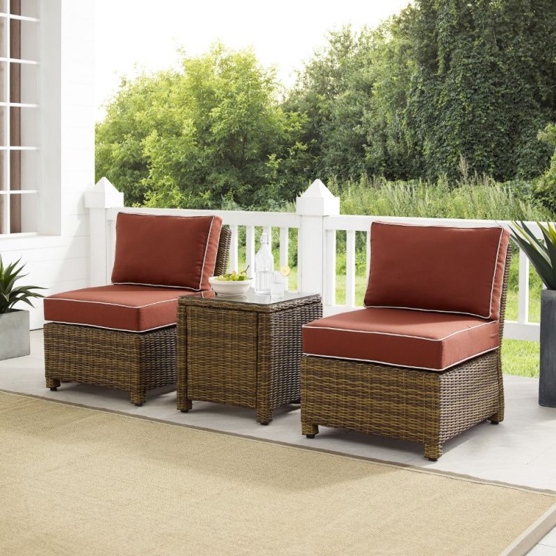 Crosley Furniture - Bradenton 3Pc Outdoor Wicker Chair Set Sangria -Weathered Brown - Side Table and 2 Armless Chairs - KO70174WB-SG