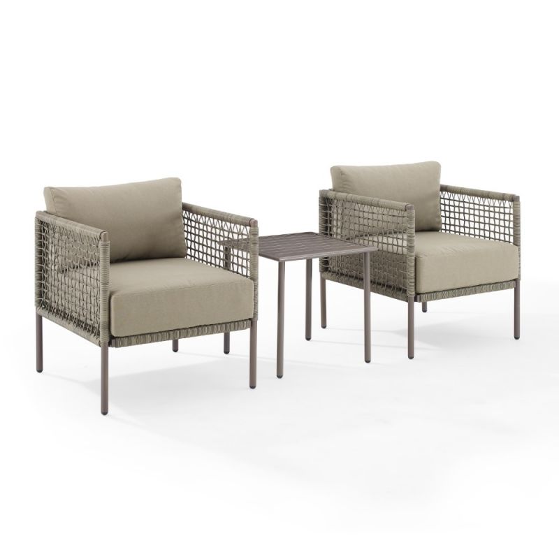 Crosley Furniture - Cali Bay 3Pc Outdoor Wicker And Metal Chair Set Taupe/Light Brown - Side Table & 2 Armchairs - KO70274LB-TE