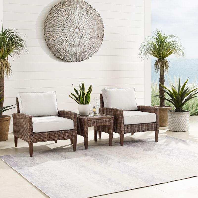 Crosley Furniture - Capella 3Pc Outdoor Wicker Chair Set Creme/Brown - Side Table & 2 Armchairs - KO70195BR-CR