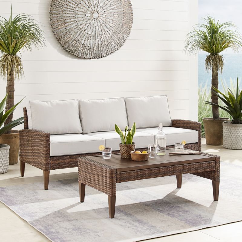 Crosley Furniture - Capella Outdoor Wicker 2Pc Sofa Set Creme/Brown - Sofa & Coffee Table - KO70190BR-CR