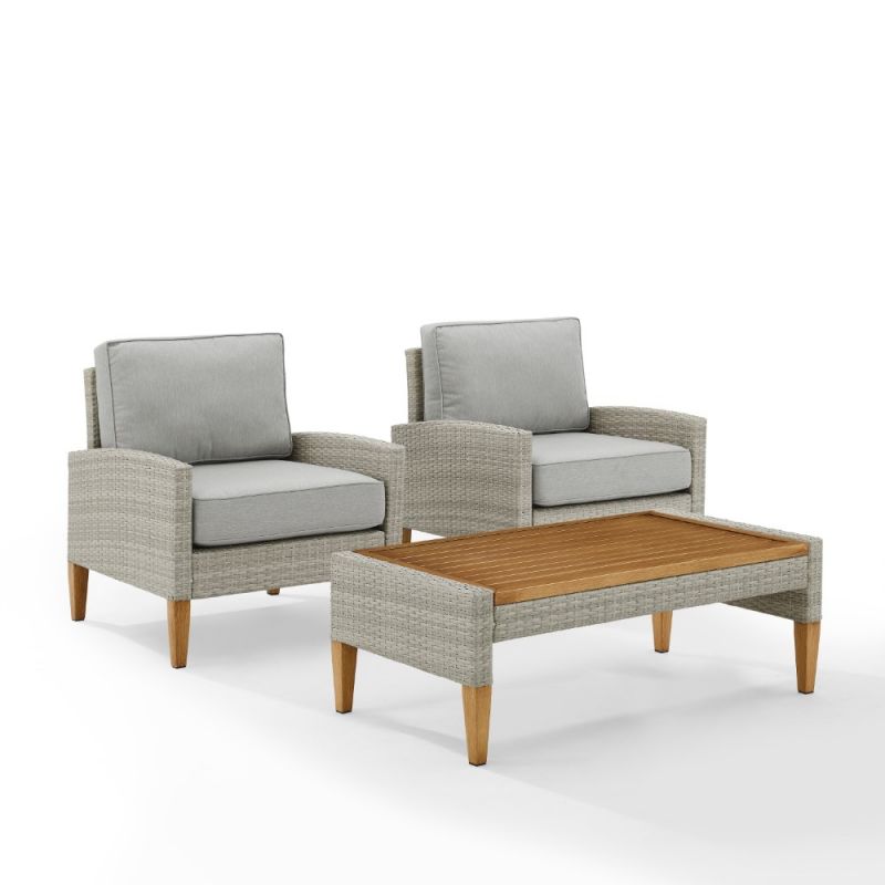 Crosley Furniture - Capella Outdoor Wicker 3 Piece Chair Set Gray/Acorn - Coffee Table & 2 Chairs - KO70191GY-AC