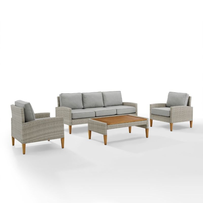 Crosley Furniture - Capella Outdoor Wicker 4 Piece Sofa Set Gray/Acorn - Coffee Table, Sofa, & 2 Chairs - KO70192GY-AC