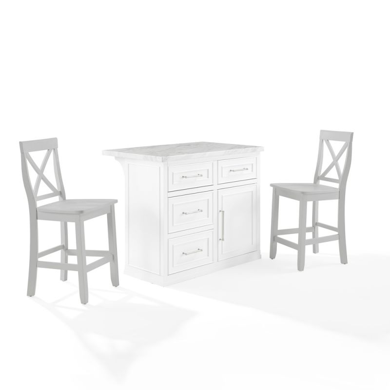 Crosley Furniture - Cutler Faux Marble Top Kitchen Island W/X-Back Stools White/Gray - Kitchen Island & 2 Stools - KF30095WH-GY