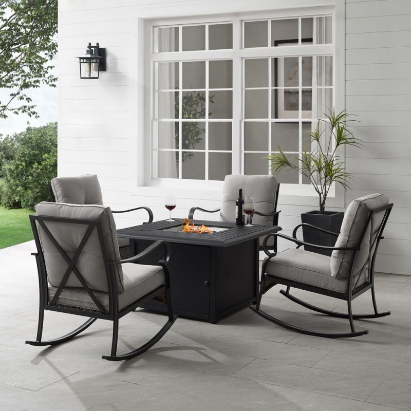 Crosley Furniture - Dahlia 5Pc Outdoor Metal Conversation Set W/ Fire Table Taupe/Matte Black - Dante Fire Table & 4 Rocking Chairs - KO70353MB-TE