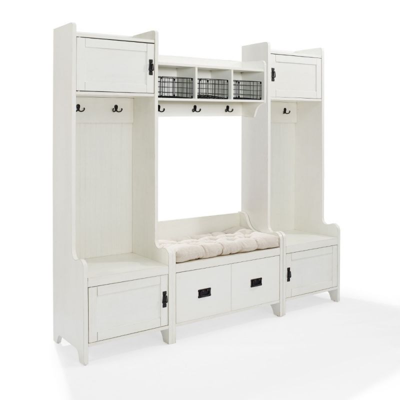 Crosley Furniture - Fremont 4 Pc Entryway Kit - Two Towers, Bench, Shelf in Distressed White - KF60006WH