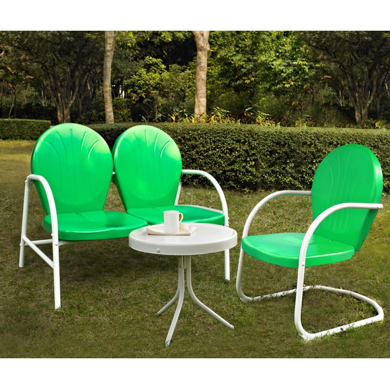 Crosley Furniture - Griffith 3 Piece Metal Outdoor Conversation Seating Set - Loveseat & Chair in Grasshopper Green Finish with Side Table in White Finish - KO10003GR