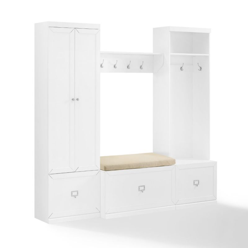 Crosley Furniture - Harper 4 Piece Entryway Set White - Bench, Shelf, Hall Tree, & Pantry Closet - KF31016WH