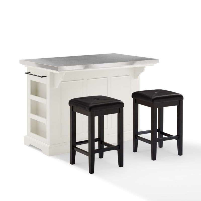 Crosley Furniture - Julia Island With Uph Square Stools White/Black - Kitchen Island, 2 Counter Height Bar Stools - KF30063WH-BK