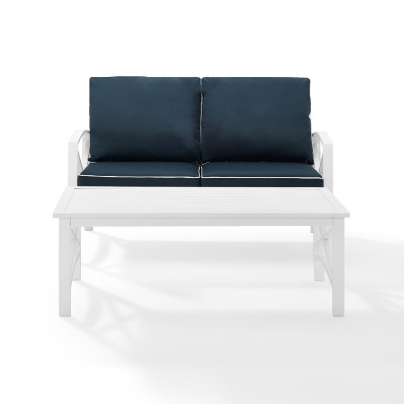 Crosley Furniture - Kaplan 2 Piece Outdoor Chat Set Navy/White - Loveseat, Coffee Table - KO60010WH-NV