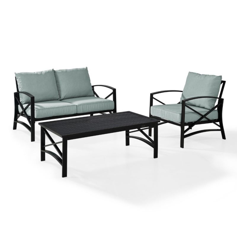 Crosley Furniture - Kaplan 3 Pc Outdoor Seating Set With Mist Cushion - Loveseat, Chair , Coffee Table - KO60014BZ-MI