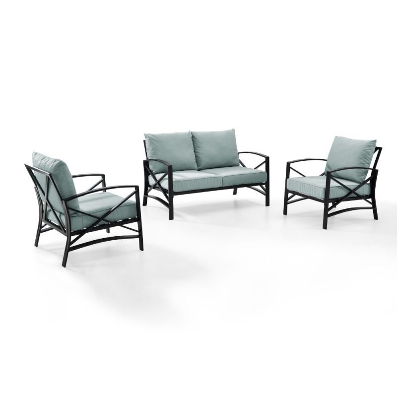 Crosley Furniture - Kaplan 3 Pc Outdoor Seating Set With Mist Cushion - Loveseat, Two Outdoor Chairs - KO60011BZ-MI