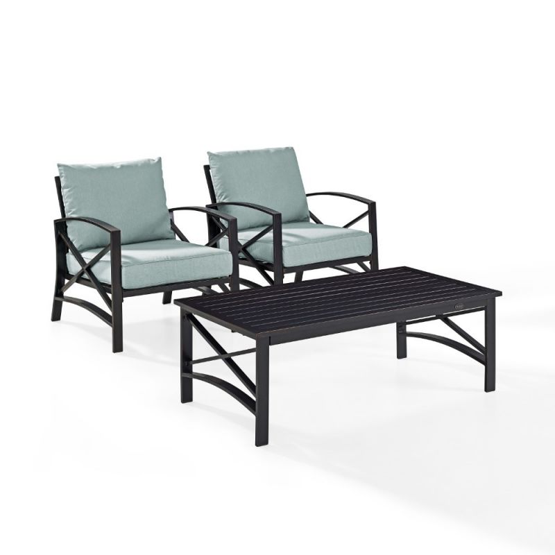 Crosley Furniture - Kaplan 3 Pc Outdoor Seating Set With Mist Cushion - Two Outdoor Chairs, Coffee Table - KO60012BZ-MI