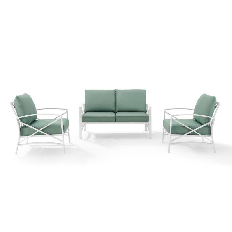 Crosley Furniture - Kaplan 3 Piece Outdoor Conversation Set Mist/White - Loveseat, 2 Chairs - KO60011WH-MI