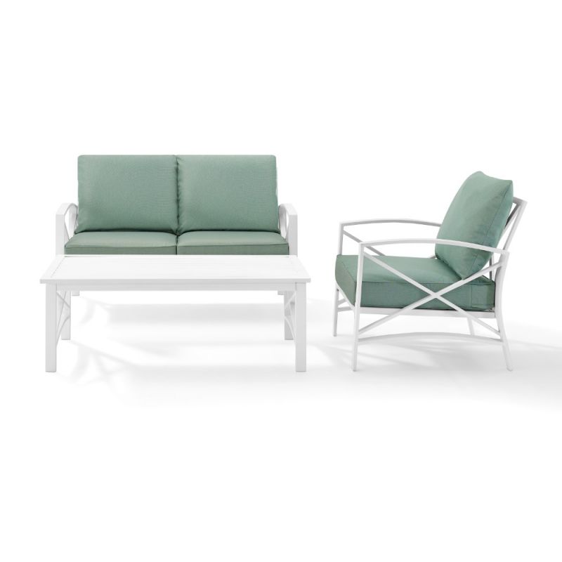 Crosley Furniture - Kaplan 3 Piece Outdoor Conversation Set Mist/White - Loveseat, Chair , & Coffee Table - KO60014WH-MI