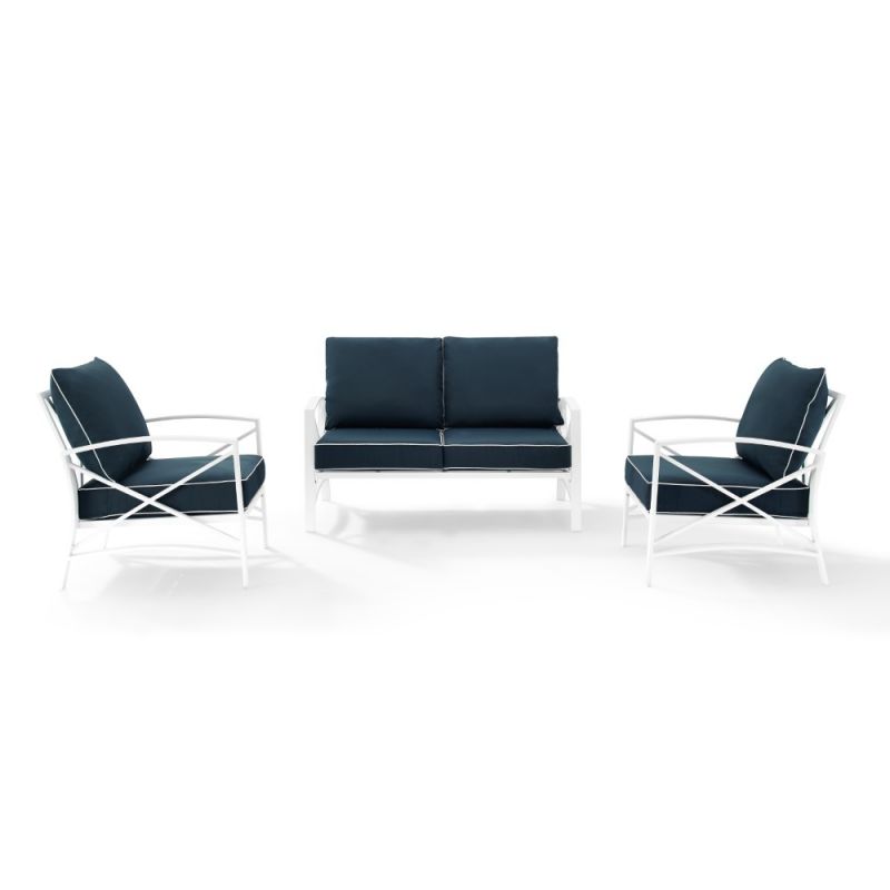Crosley Furniture - Kaplan 3 Piece Outdoor Conversation Set Navy/White - Loveseat, 2 Chairs - KO60011WH-NV
