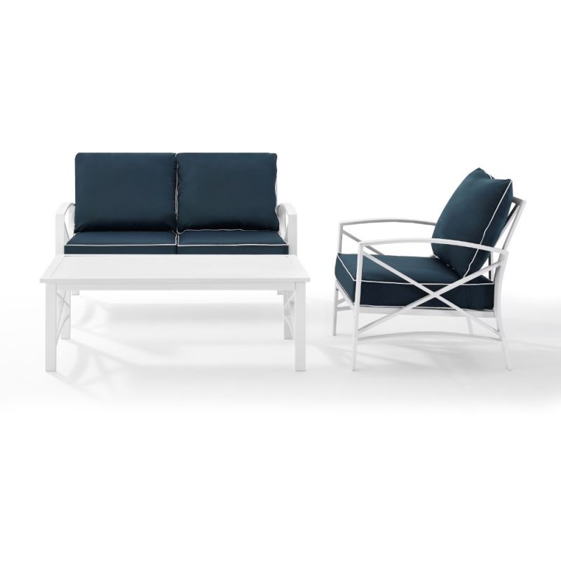 Crosley Furniture - Kaplan 3 Piece Outdoor Conversation Set Navy/White - Loveseat, Chair , & Coffee Table - KO60014WH-NV