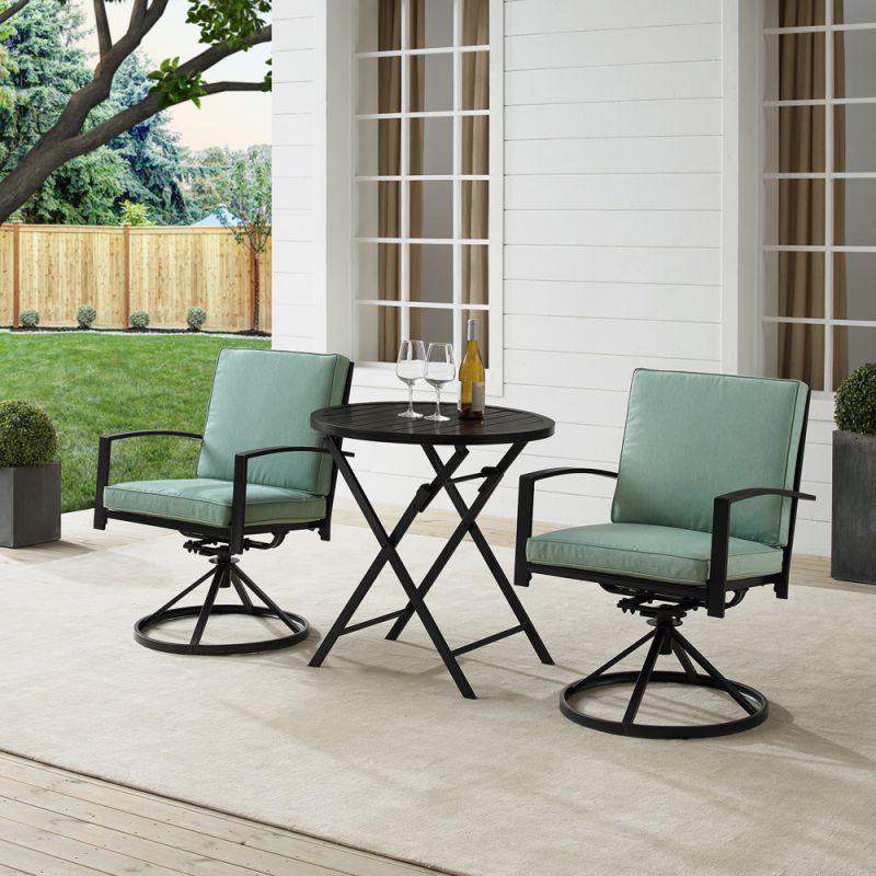 Crosley Furniture - Kaplan 3Pc Outdoor Metal Bistro Set Mist/Oil Rubbed Bronze - Bistro Table & 2 Swivel Chairs - KO60040BZ-MI