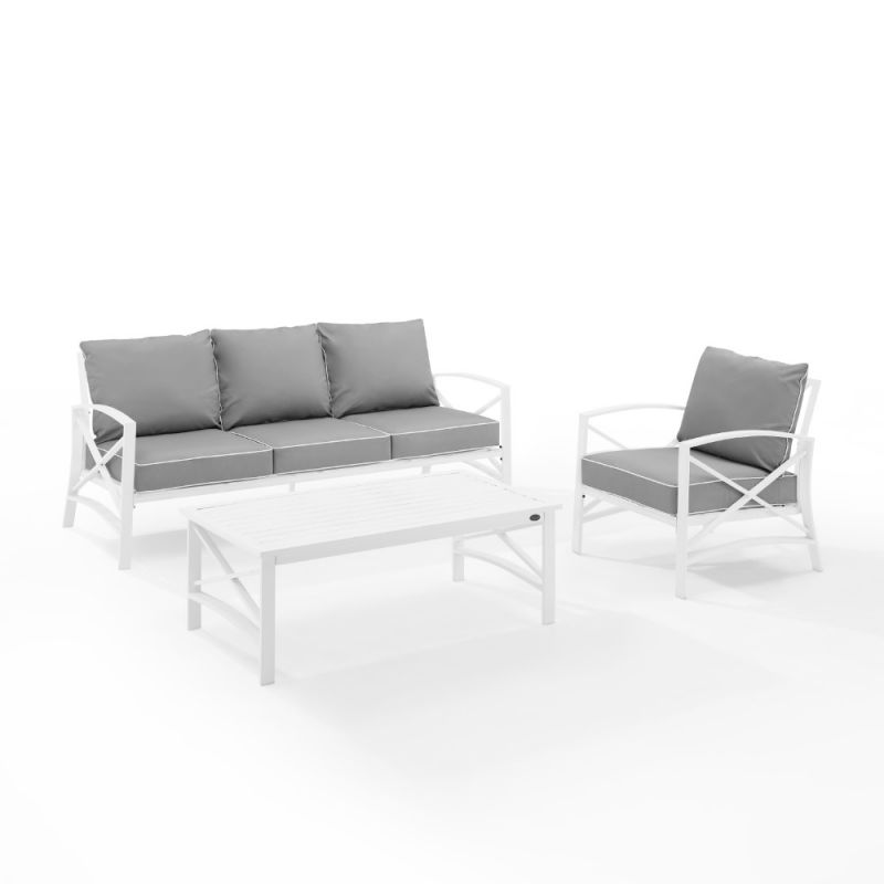 Crosley Furniture - Kaplan 3 Piece Outdoor Sofa Set Gray/White - Sofa, Arm Chair & Coffee Table - KO60031WH-GY_CLOSEOUT