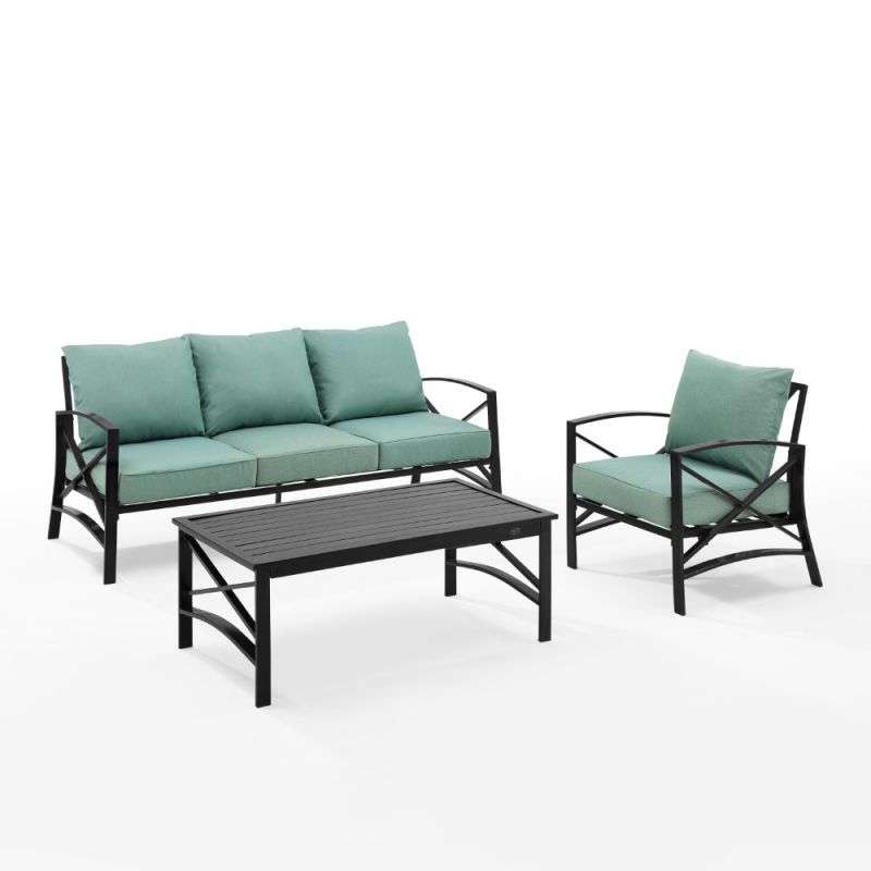 Crosley Furniture - Kaplan 3 Piece Outdoor Sofa Set Mist/Oil Rubbed Bronze - Sofa, Arm Chair, & Coffee Table - KO60031BZ-MI