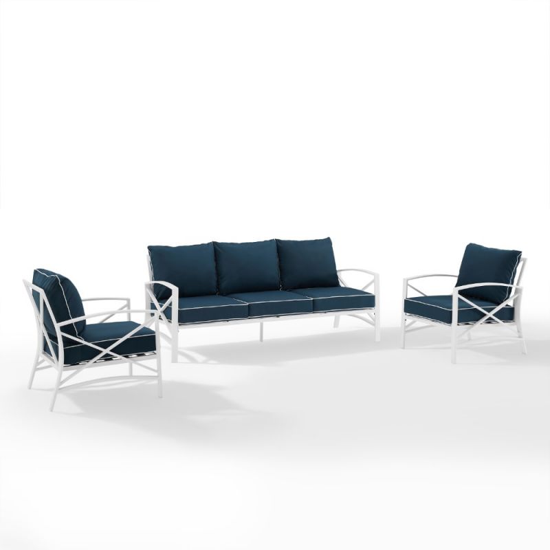 Crosley Furniture - Kaplan 3 Piece Outdoor Sofa Set Navy/White - Sofa & 2 Arm Chairs - KO60030WH-NV_CLOSEOUT